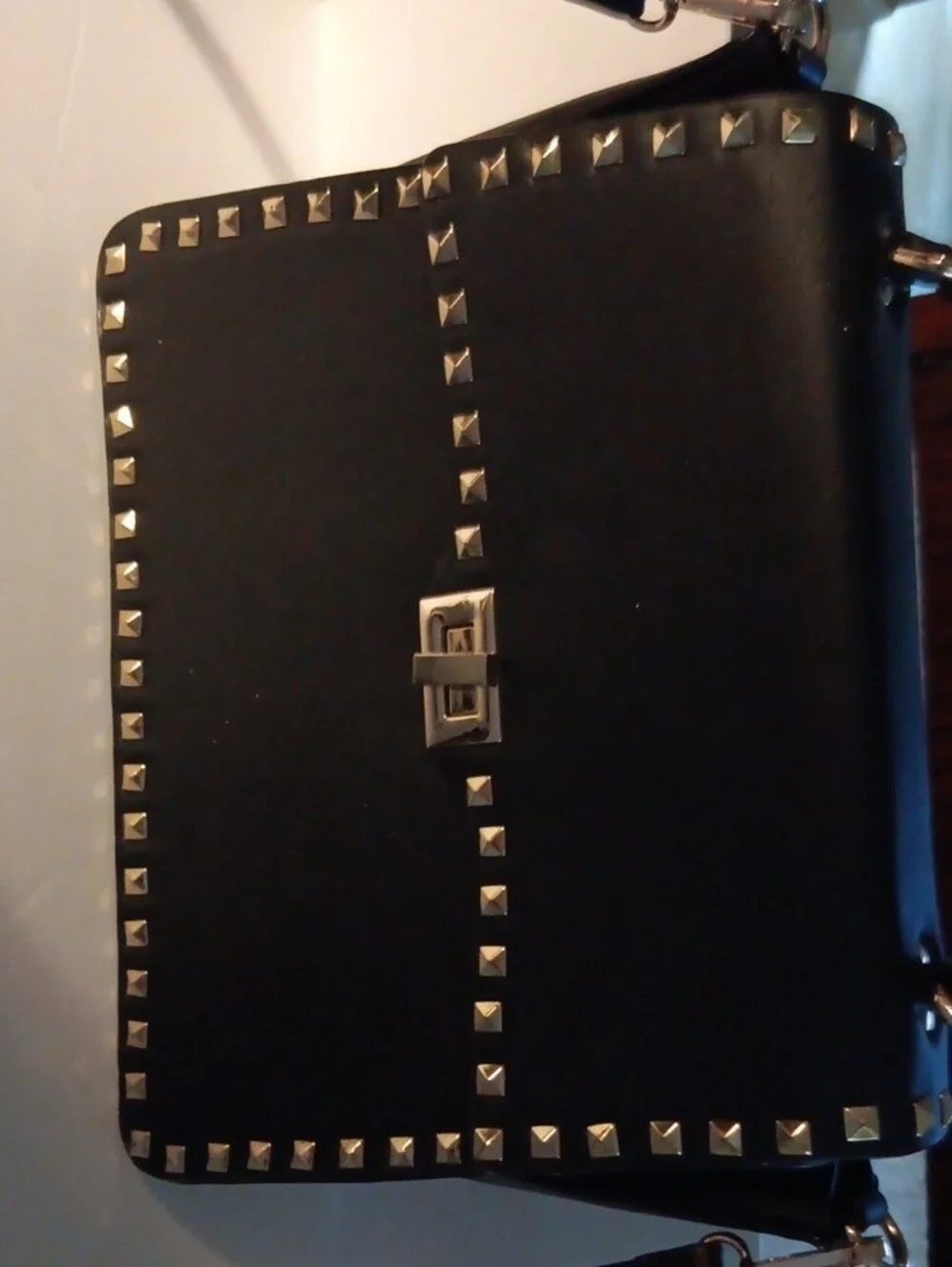 Inzi Designer Like Black Gold Stud Satchel with Top Handle and Removable Strap